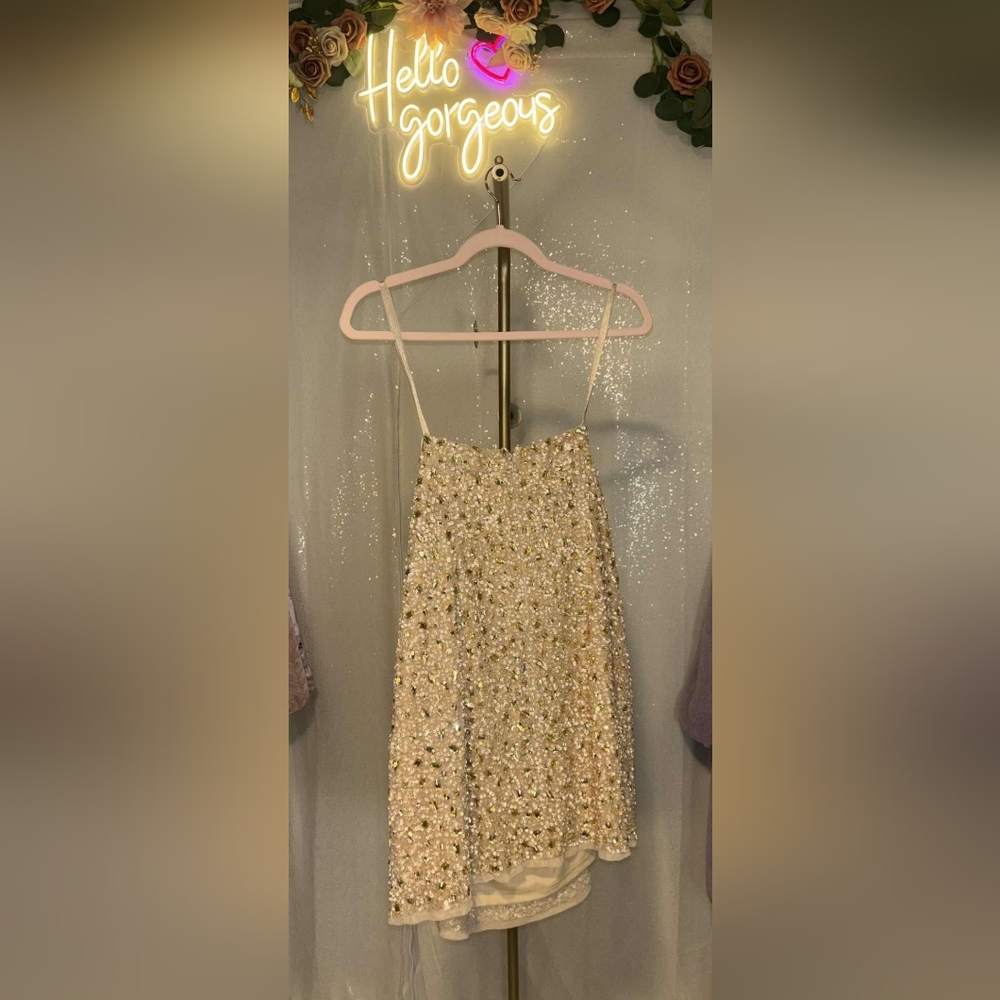 NWT Size 10 Mac Duggal Gold Nude Strapless Sequin Beaded Mini Dress - Picture 5 of 8